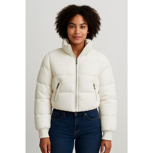 Women’s Cropped White Puffer Jacket Small Quilted Winter Streetwear Minimalist